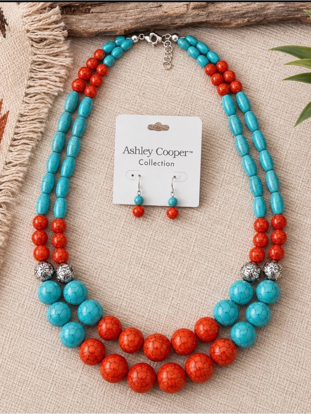 Ashley Cooper -Turquoise and Coral Color -Triple-Strand Beaded Necklace